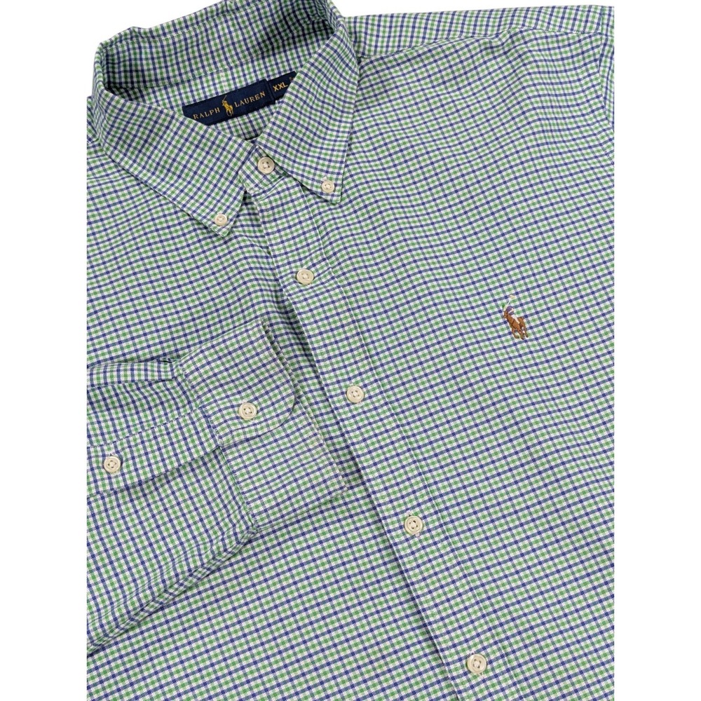 Ralph Lauren Shirt Mens XXL Green Blue White Check Button Down Cotton Pony Logo